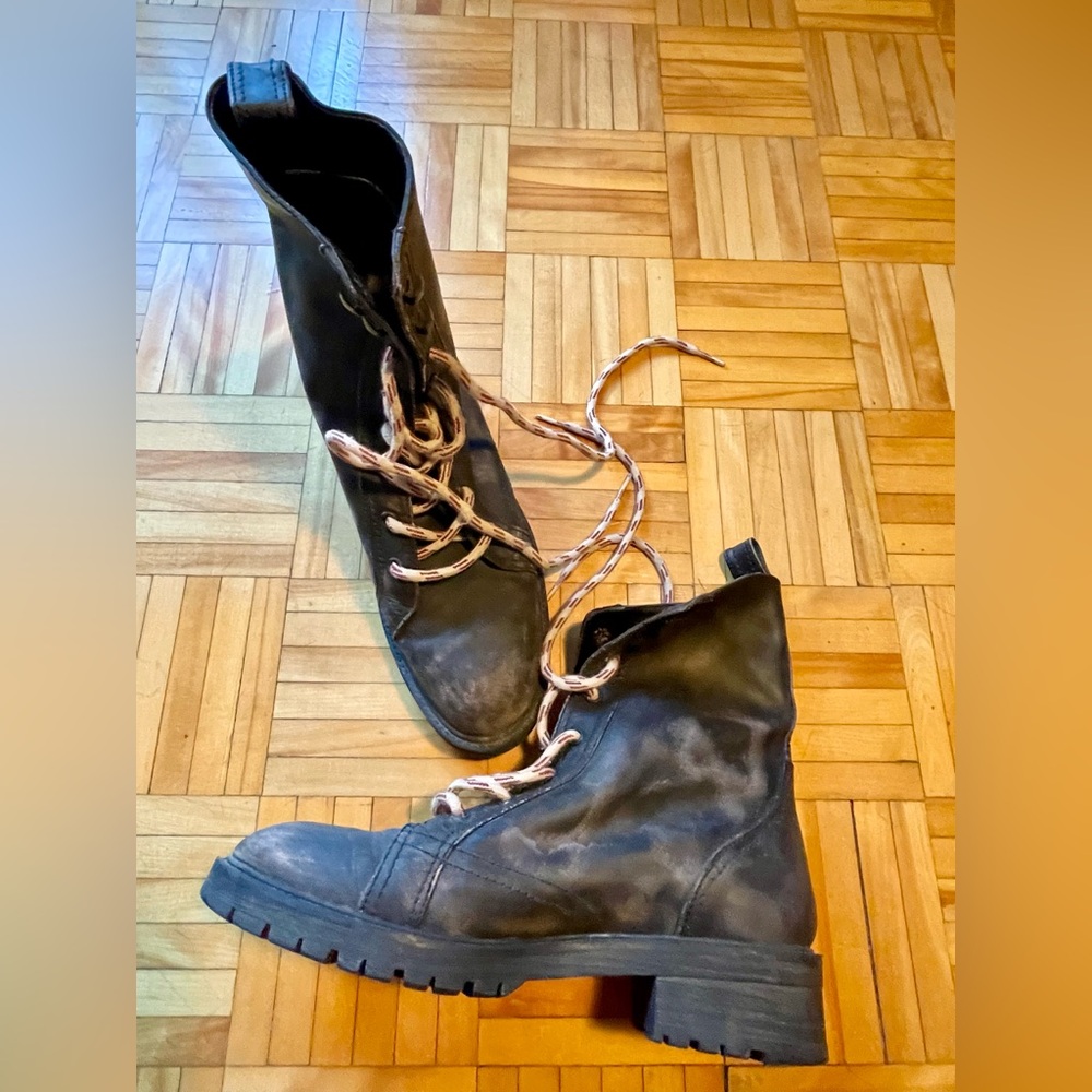 ZARA Black Distressed Leather Combat Boots – Size 39